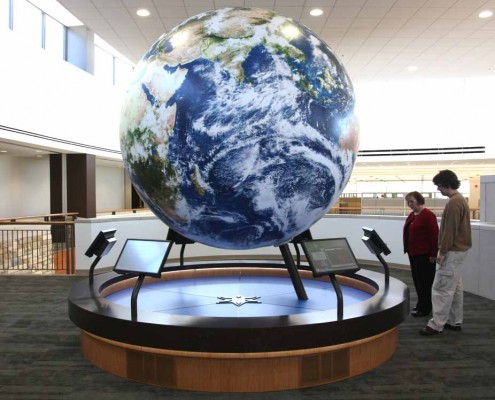 EarthBall Kiosk Display 9' World Globe permanently installed in a museum