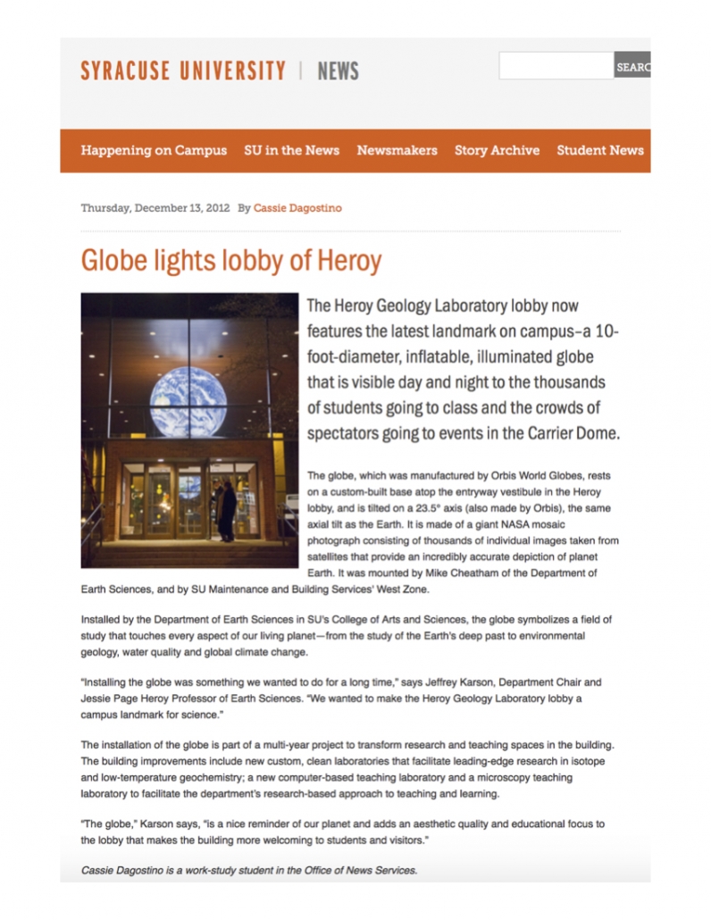 Syracuse University News. Globe lights lobby of Heroy 7.26.48 PM Giant Globes Earthball at the Heroy Geology Lab Syracuse University Large Globe